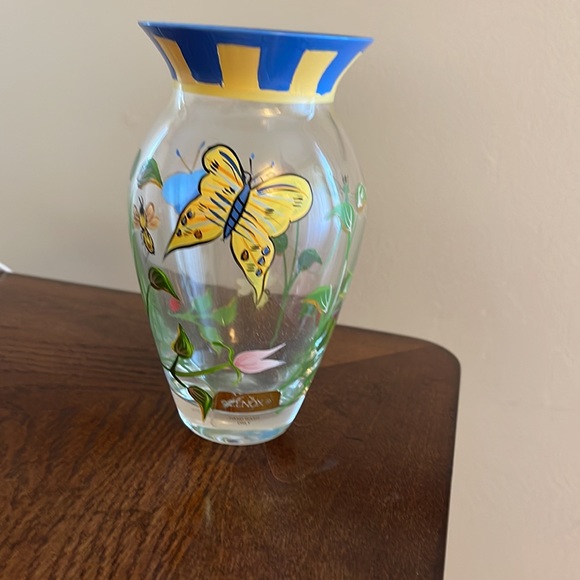 Lenox Butterfly Meadows handpainted 6 in. vase.  Blue yellow & pastels - Picture 2 of 3